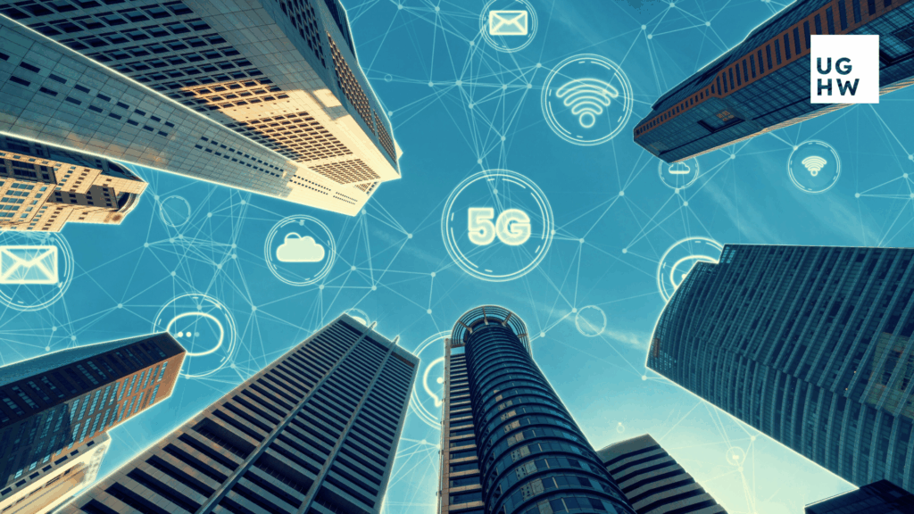 Skyscrapers connected by digital network icons representing 5G and smart technologies, symbolizing people-centred smart city development in the WHO-SEARO region.