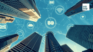 Skyscrapers connected by digital network icons representing 5G and smart technologies, symbolizing people-centred smart city development in the WHO-SEARO region.