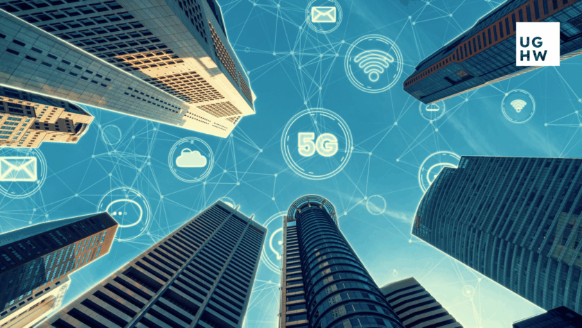 Skyscrapers connected by digital network icons representing 5G and smart technologies, symbolizing people-centred smart city development in the WHO-SEARO region.