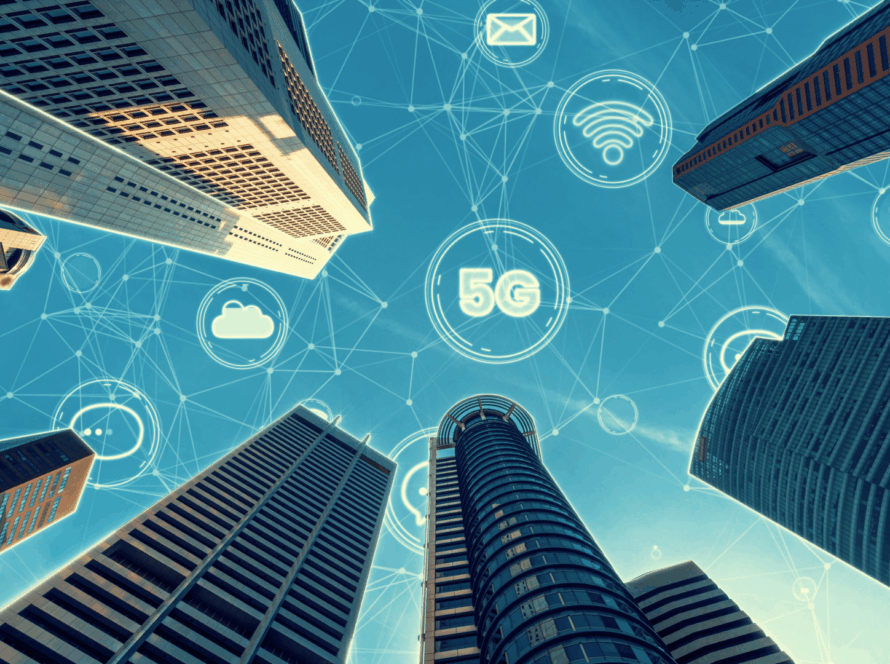 Skyscrapers connected by digital network icons representing 5G and smart technologies, symbolizing people-centred smart city development in the WHO-SEARO region.