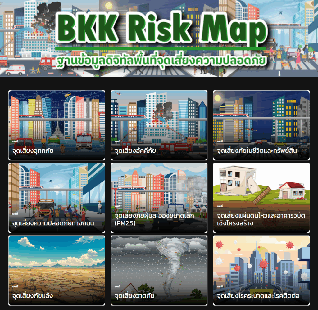 angkok’s BKK Risk Map showing digital hazard data, including traffic accidents, fire incidents, chemical hazards, storms, earthquakes, building collapses, and flood-prone areas.
