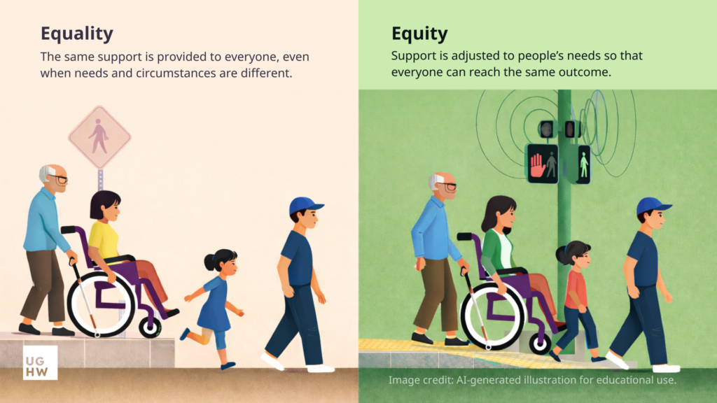 Visual comparison of equality and equity in inclusive design and health outcomes