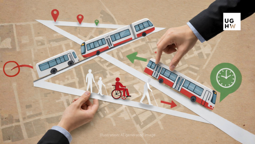 Illustration of government-led urban transport planning showing inclusive mobility, with public transit, pedestrians, a wheelchair user, and a person using a white cane sharing the same pathway.