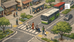 A South Asian mixed-use city street showing diverse people—including an older adult, a wheelchair user, a child, and other pedestrians—using walkable streets, accessible crossings, and public transport in an inclusive urban environment.