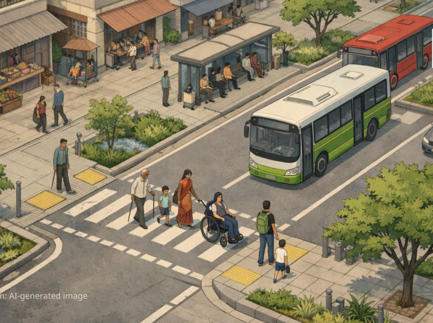 A South Asian mixed-use city street showing diverse people—including an older adult, a wheelchair user, a child, and other pedestrians—using walkable streets, accessible crossings, and public transport in an inclusive urban environment.