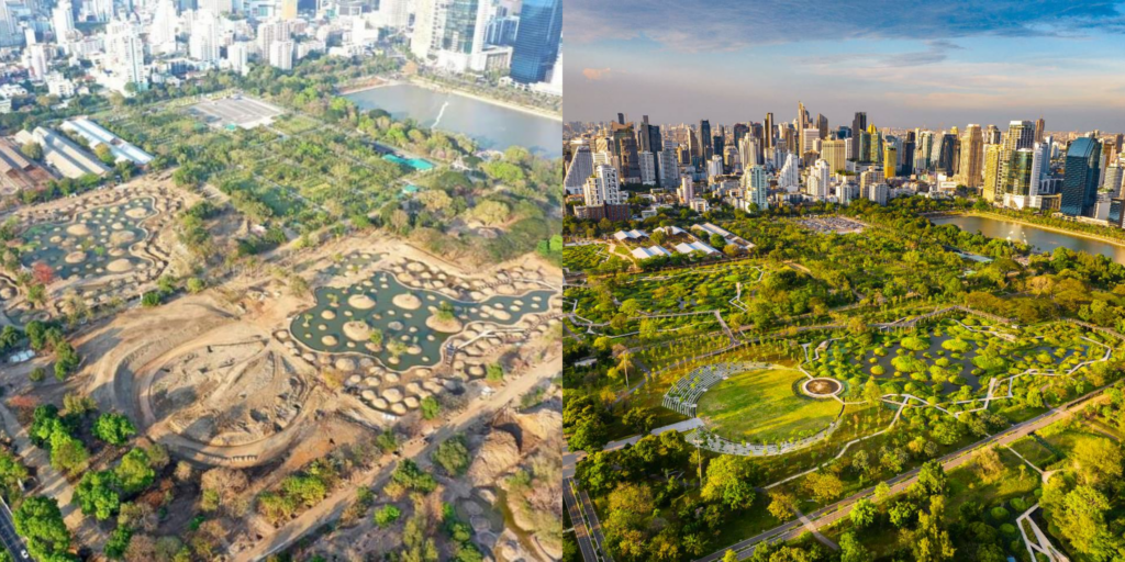 Before and after aerial view of Benjakitti Park in Bangkok transformed from tobacco factory to urban flood retention landscape