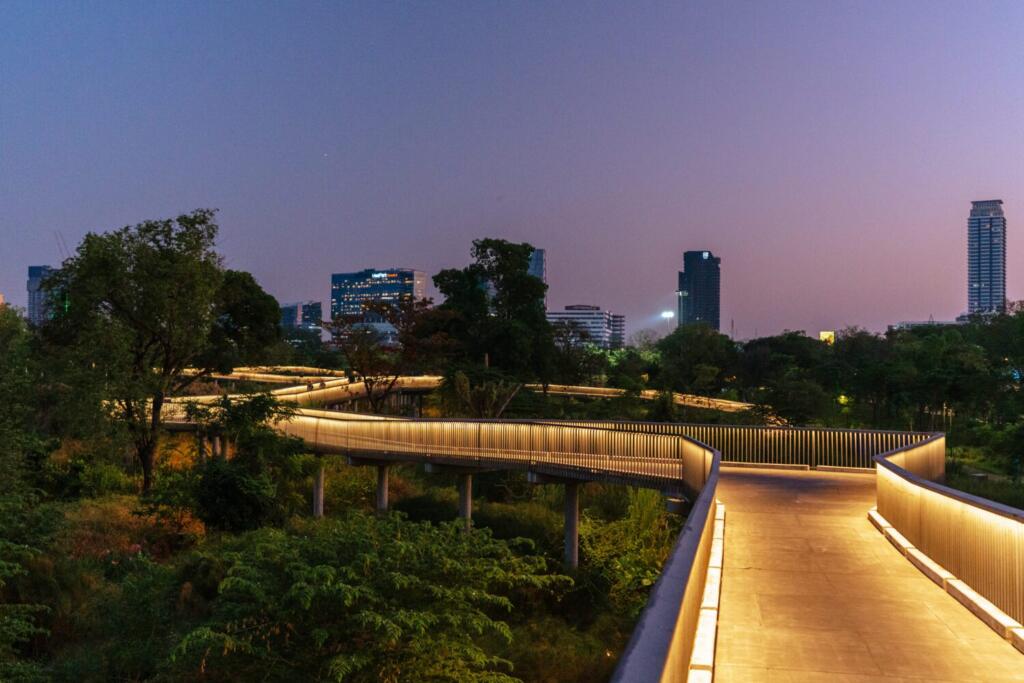 Skywalk at Benjakitti Park remaining operational during flood events in Bangkok