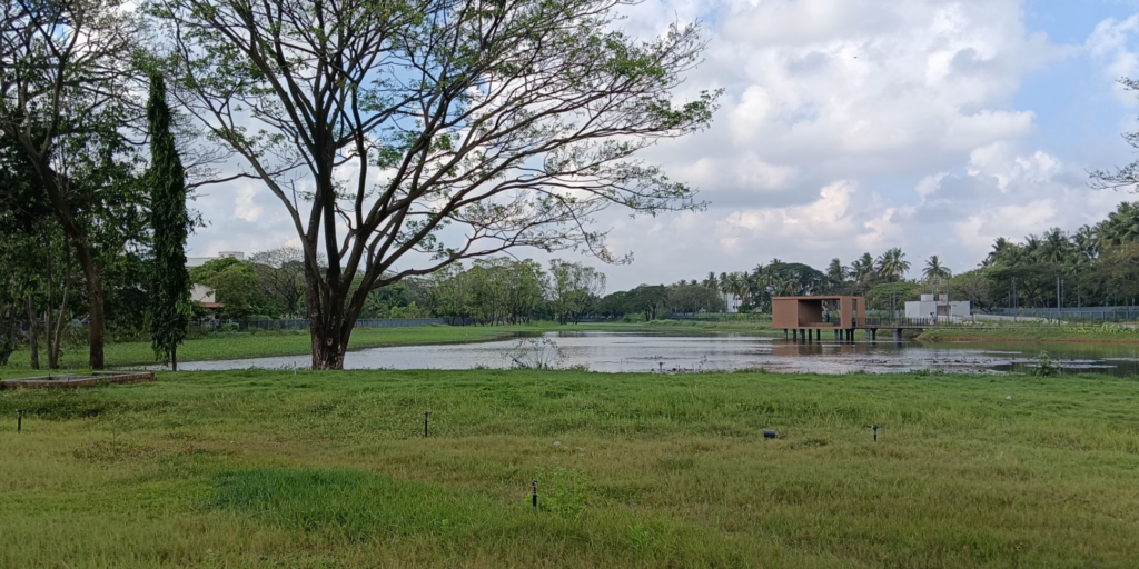 Restored Chettiyar Agaram Lake at Sponge park Chennai India demonstrating flood retention and groundwater recharge system