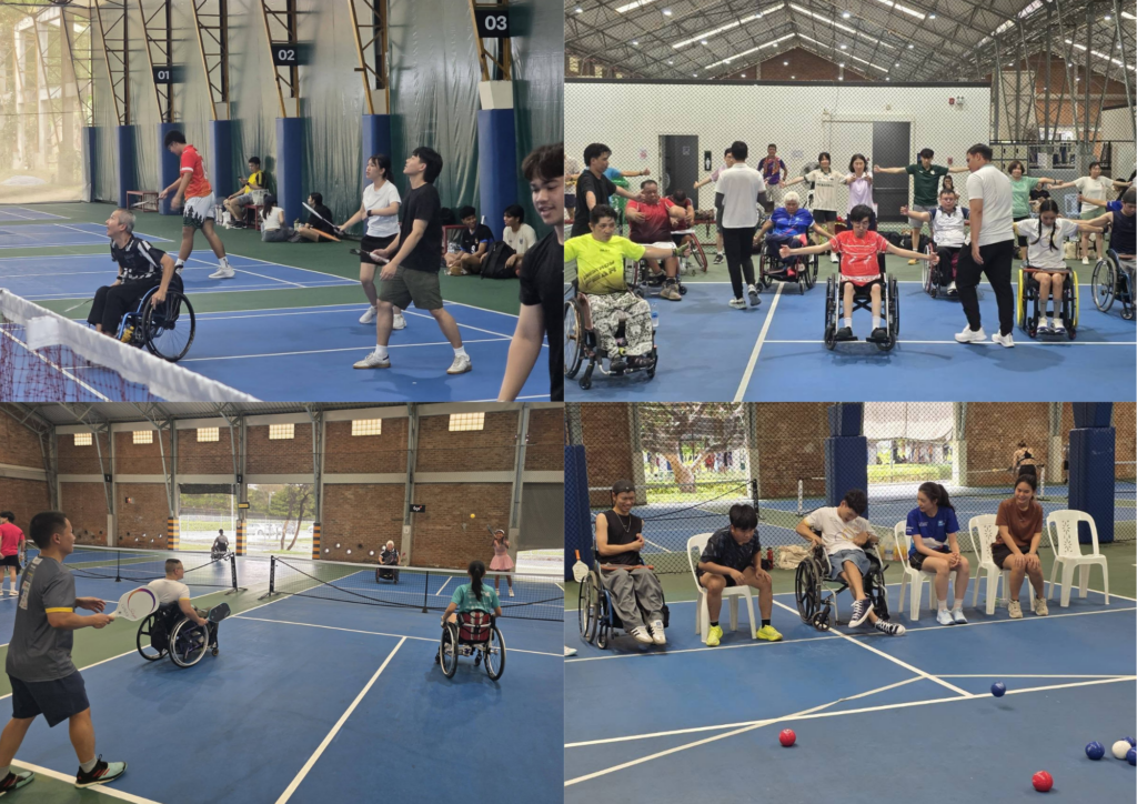 People with disabilities and non-disabled people play sports together in an inclusive community recreation programme.
