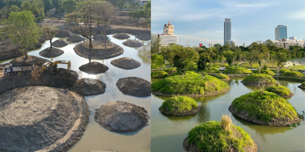 Before and after view of ridge-and-ditch inspired water retention basins at Benjakitti Park in Bangkok