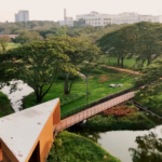 Walking trail and landscaped green corridor at Sponge park Chennai India in Porur.