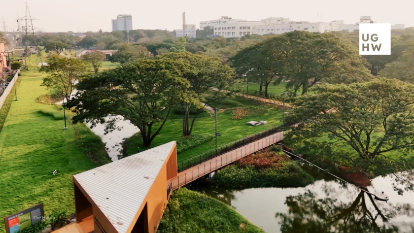 Walking trail and landscaped green corridor at Sponge park Chennai India in Porur.
